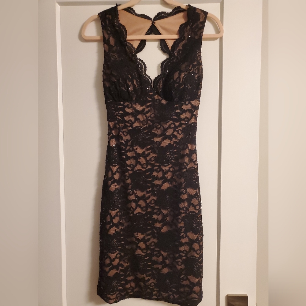 STUNNING Nude with Black Lace Cocktail Dress, EEEUC, Size 4